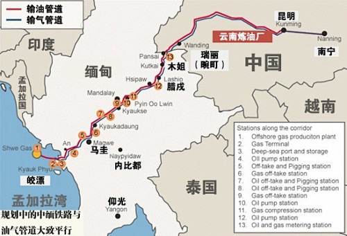 中缅石油管道线路图