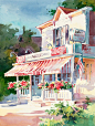 美国艺术家Bridget Austin水彩作品，处在方寸之地，却感受到了世界另一端的海滨小城的阳光，照耀在开满花的窗台。 (转)