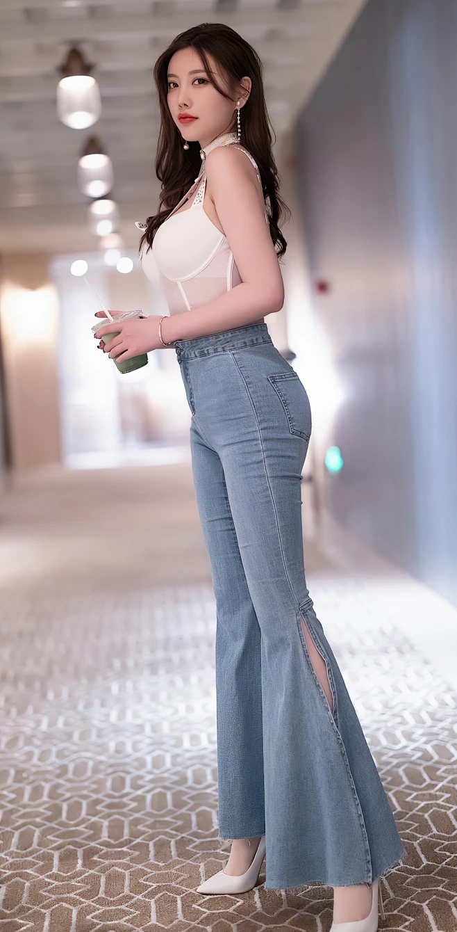 开口牛仔喇叭裤 杨晨晨