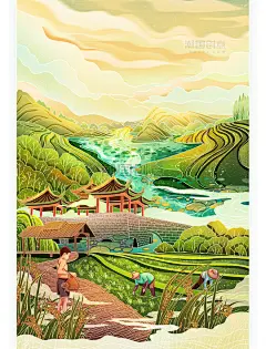 国潮芒种二十四节气插秧梯田场景插画