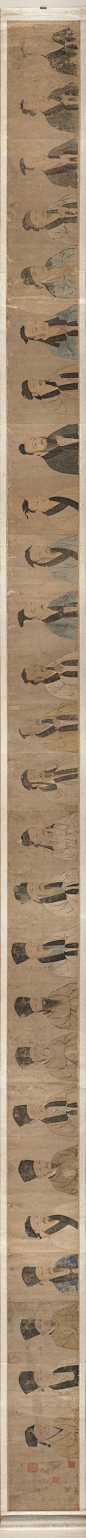 #工笔人物#【 宋 佚名 《二十五学士图》 】卷，绢本设色，28.6×314.3cm，美国大都会博物馆藏。 图中人物神态端庄，线条流畅。大都会鉴识此图卷为25学士，而图上却排列着26个人。