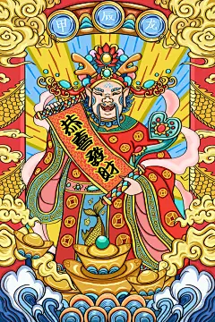 财神2024龙年喜庆新春卡通手绘插画海报