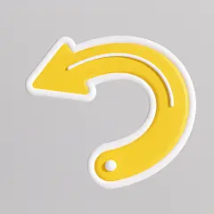 一个白色背景上的黄色箭头图标，箭头整体呈弯曲形状，线条圆润流畅，边缘有一圈白色描边，箭头内部有一条细长的白色高光和一个小圆点装饰，图标风格简洁卡通，色彩鲜明，具有现代感和设计感。