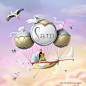 Flying Crib Birth Card : A digital painting.Commercial Birth card featuring a flying crib with a baby holding a teddy bear. Inside three ballons for the time of birth, the weight and the lenght of the baby. Birds holding a banner for the name.Currently fo