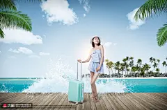 清新美女 海滨浴场 出行旅游 旅游主题海报设计PSD广告海报素材下载-优图-UPPSD
