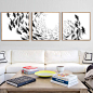 新中式抽象水墨三联画现代简约黑白装饰画卧室餐厅壁画小鱼群挂画