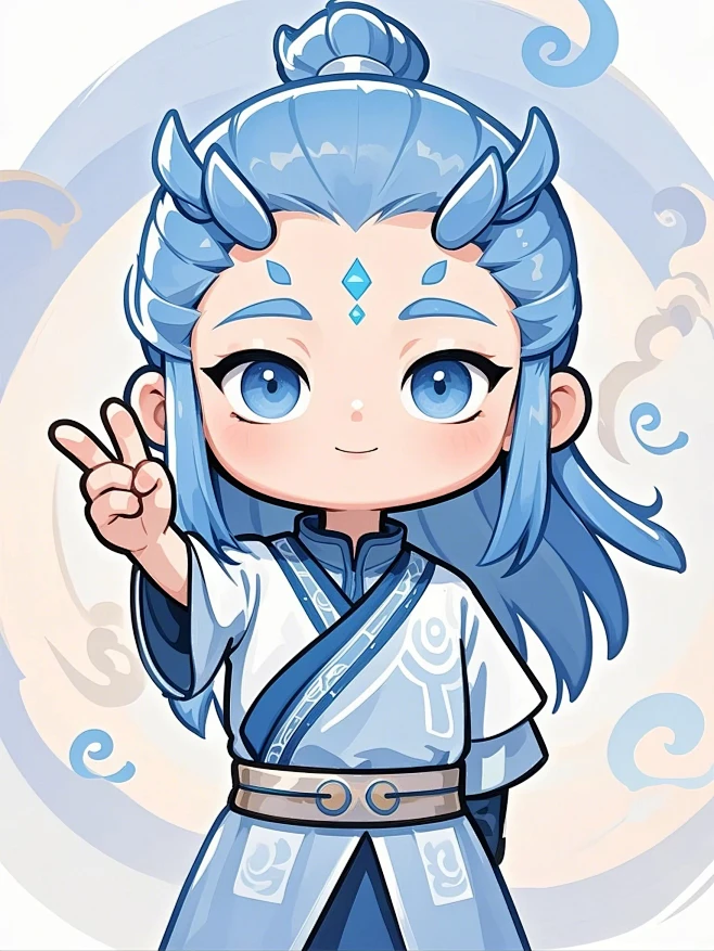 背景简单，哪吒之魔童闹海，敖丙，Q版，头像，正面，可爱，单手比耶，手绘，卡通，彩色，极简-花瓣网