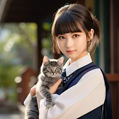 少女校服，手持猫，日式风格，明亮色调，海边铁路，真实风格，--ar 1:1 --q 5 --s 400