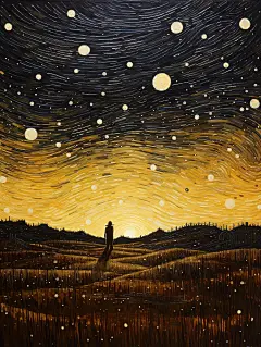 一个人在田野上俯瞰星空的插图，黄色和青铜色的风格海报