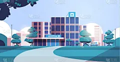 城市背景具有医院建筑和救护车医疗中心概念的现代诊所外观