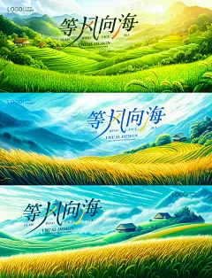 金黄翠绿的麦浪蓝天白云治愈唯美宁静美好大自然奔赴山海背景-淘宝网