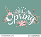 Hello Spring hand sketched logotype, badge typography icon. Lettering spring season with leaf for greeting card, invitation template. Retro, vintage lettering banner poster template background