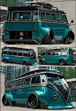 This may contain: three different views of an old vw bus