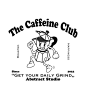 This may contain: the caffeine club logo with an image of a cartoon character holding a coffee cup