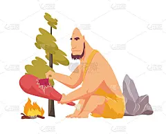 石器时代的原始人用动物的皮来烹煮肉类食物。平面风格矢量插图孤立的白色背景