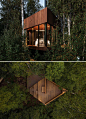 Located on the edge of a bog, this small cabin is designed for 1-2 visitors, and has an angular design with dark brown ash wood walls combined with large windows.