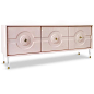 Sorrento 3 Door Credenza : Introducing the Sorrento 3 Door Credenza. Featuring a bold geometric design, tapered lucite legs, and round lucite pulls, this striking piece is the perfect way to hide away clutter and add style to any room.    Dimensions: 72&a