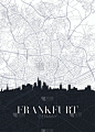 法兰克福的天际线和城市地图，详细的城市规划矢量打印海报
