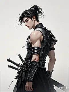 极简主义，水彩画风，纯白色背景，男士，孤独的剑客，简单护甲，大半身回眸，纷乱的头发，健壮，黑白色为主，淡彩肤色，一点红色点缀，高级感，唯美古风，c4d，最佳品质，8K壁纸(28)