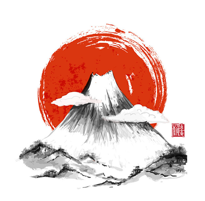 日本和风水墨画富士山水竹鲤鱼风景中国风A...