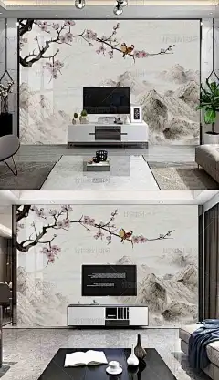 新中式大理石山水桃花花鸟背景墙