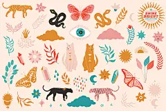 优雅女性瑜伽花卉动物月亮太阳手绘插画矢量图案设计素材 Shine Bright Collection