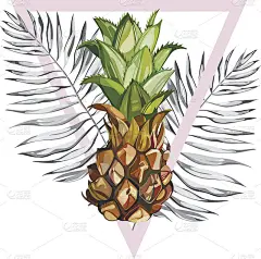 有热带叶子的菠萝。用于邀请、电影海报、织物和其他物品的设计元素。孤立在白色的。几何图形集。向量EPS