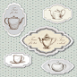 茶杯子和水壶复古卡。茶时间复古标签。茶杯子和锅标签设置的复古风格