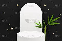 热带黑色裙房最小几何和竹日式装饰。3d渲染