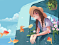 Flower sea girl straw hat goldfish white clouds blue sky sea flower illustrations