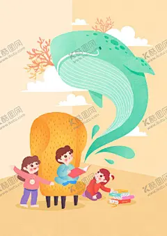 小孩看书读书想象力故事儿童教育 【酷图网】时尚,简约,扁平化,梦想,奋斗,努力,手绘,卡通,人物,插画,AI,矢量,设计,素材