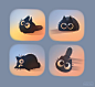 four different images of black cats with big eyes and ears, one cat laying on the ground