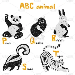 斯堪的纳维亚可爱的动物设置abc字母表，设置为儿童abc元素的斯堪的纳维亚风格