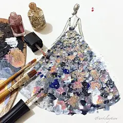 新加坡插画艺术家_chan clayrene用指甲油和指甲亮片画的礼服