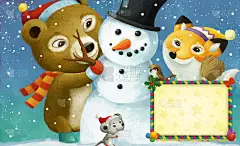 卡通快乐的圣诞场景与框架与快乐的动物和雪人插图