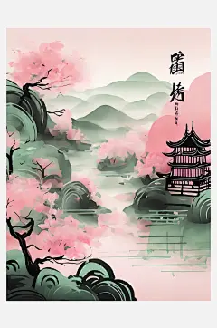 粉绿风景水墨画AI数字艺术-众图网