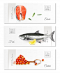 Realistic set of three horizontal banners with fish menu salmon steaks and caviar isolated Free Vector