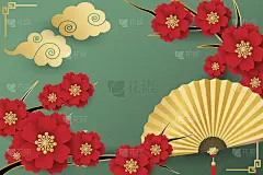 中国新年节日横幅设计与折叠扇金色的云和红色的花枝在绿色的背景为您的复制空间。