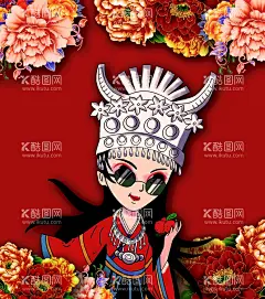 手绘国潮苗族美女  - 源文件下载【酷图网】手绘,国潮,苗族,美女,中国风,鲜花,大红色,大气,银饰,大眼睛,