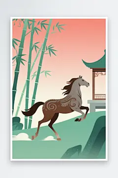 2026年彩色马年渐变扁平风国风插画