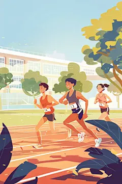 AI数字艺术扁平风校园运动会人物插画