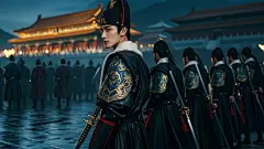 人像摄影；一位穿着飞鱼服的男统帅，侧站着，后面跟着站着一群锦衣卫，手拿长剑，随时准备待命；夜晚皇宫背景，低饱和度，史诗般的构图，皮肤细节，全身像，超精细，真人写真，电影海报，高清画质 (2)