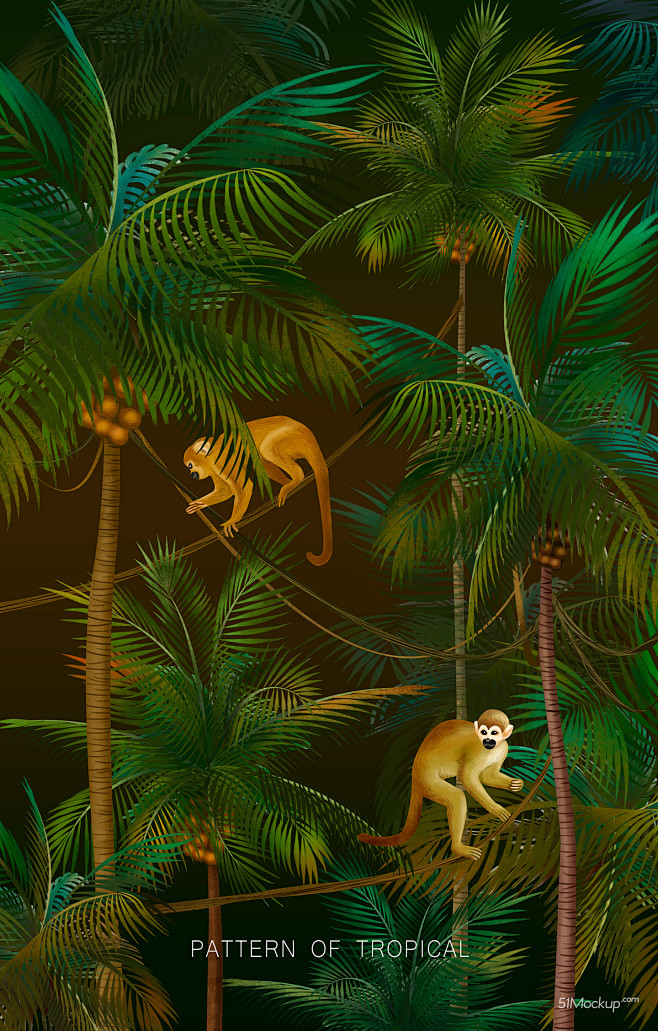 可爱猕猴 椰子树 热带植物 夏日主题插画...