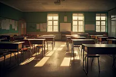 校园文化教室课桌椅场景摄影图