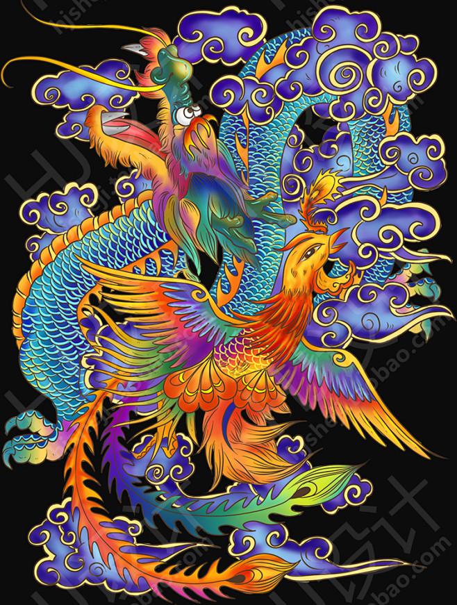 国潮风天门神龙凤福寿财神卡通插画手绘祥云...