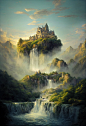 castle in the sky flying on top of a flying Rock with waterfalls running down, 3 a beautiful Landscape with Mountains trees and rivers, 2 golden light from above, 1 photorealistic, 2