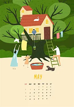 猪年2019新年元旦春节日历桌面台历模板小清新插画风景设计素材