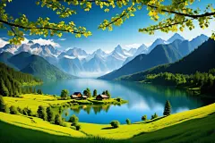 山峦湖泊创意美景植物湖面山川插画图片