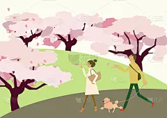 遛狗。春天的剪贴画。樱花盛开的风景。几个散步。季节的插图。春天的风景。