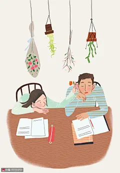 桌椅书本瞌睡男孩俏皮女孩情人节插画 节日节气 情人节